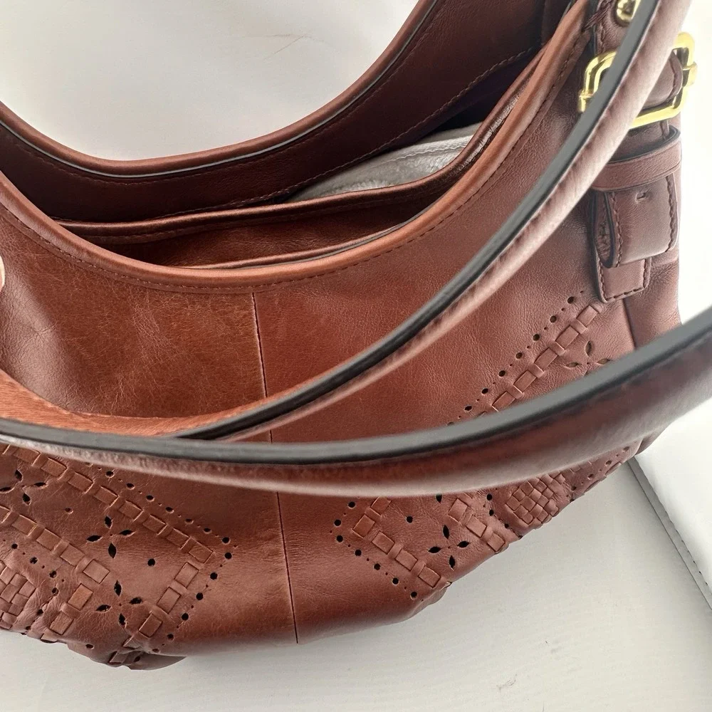 Coach Maggie Madison Criss Cross Brown Leather Shoulder Bag Purse Western Boho - Picture 4 of 10